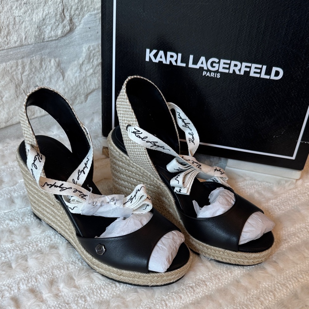 Karl Lagerfeld Black Espadrille Wedge Slingback Sandals with Braided Platform